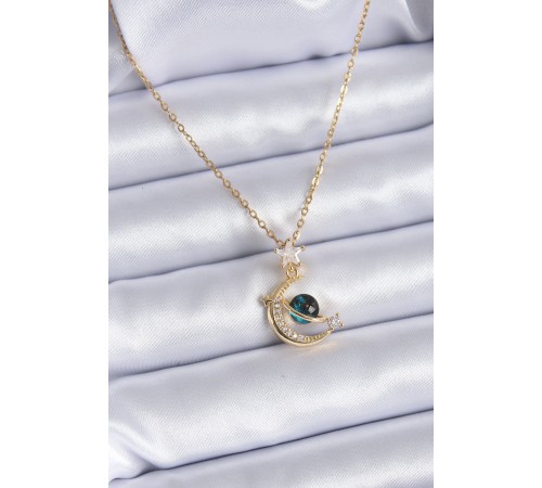 316L Çelik Gold Renk Zirkon Taşlı Hilal Model Kadın Kolye - TJ-BKO7690