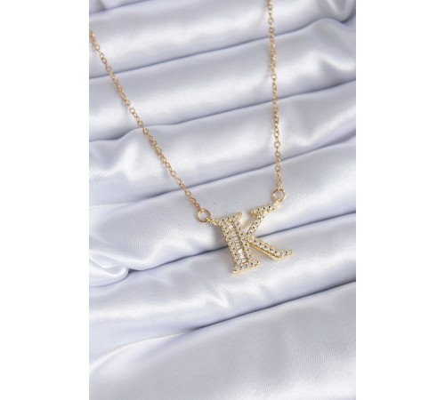 316L Çelik Gold Renk K Harf Model Zirkon Taşlı Kadın Kolye - TJ-BKO7712