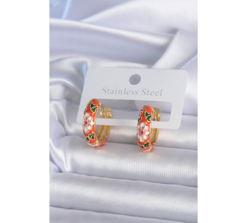 316L Çelik Gold Renk Çiçek İşleme Turuncu Kadın Küpe - TJ-BKP7891