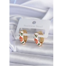 316L Çelik Gold Renk Beyaz Renk Çiçek İşleme Detay Kadın Küpe - TJ-BKP7894