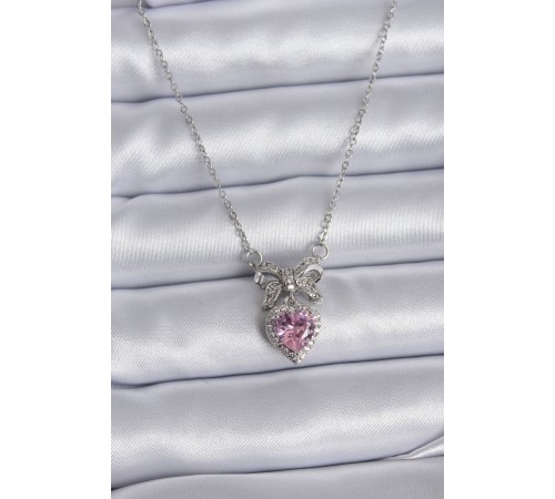 316L Çelik Gümüş Renk Zincir Pembe Kristal Kalp Zirkon Taşlı Kurdele Model Kadın Kolye - TJ-BKO7746