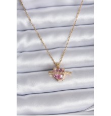 316L Çelik Gold Renk Zincir Pembe Kristal Kalp Model Zirkon Taş Detay Kadın Kolye - TJ-BKO7747