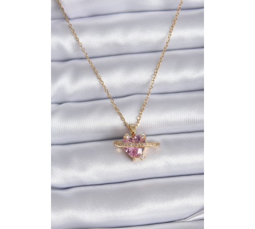 316L Çelik Gold Renk Zincir Pembe Kristal Kalp Model Zirkon Taş Detay Kadın Kolye - TJ-BKO7747