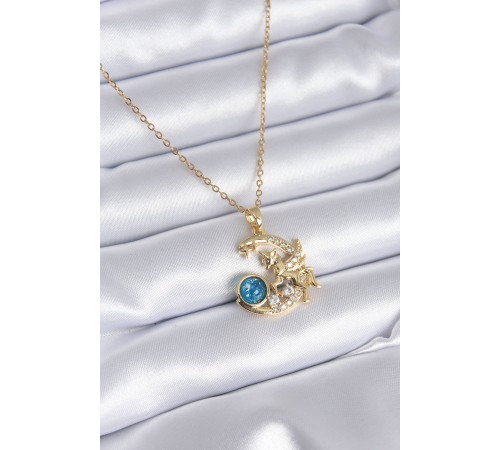 316L Çelik Gold Renk Hilal Ay Tek Boynuzlu At Model Zirkon Taş Detay Kadın Kolye - TJ-BKO7779