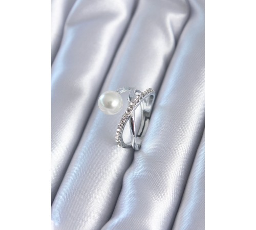 Gümüş Renk Zirkon Taşlı İncili Kadın Yüzük - TJ-BYK2807