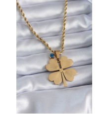 316L Çelik Gold Renk Burgu Model İşlemeli Yonca Figür Nazar Boncuk Detay Kadın Kolye - TJ-BKO7793