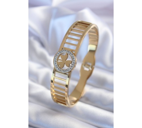 316L Çelik Gold Renk Zirkon Taşlı Yonca Model Kadın Kelepçe - TJ-BB5589