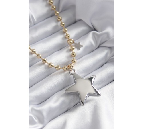 Pirinç Gold Renk Topçuk Zincir Gümüş 3D Yıldız Model Yıldız Detay VİP Kadın Kolye - TJ-BKO7887