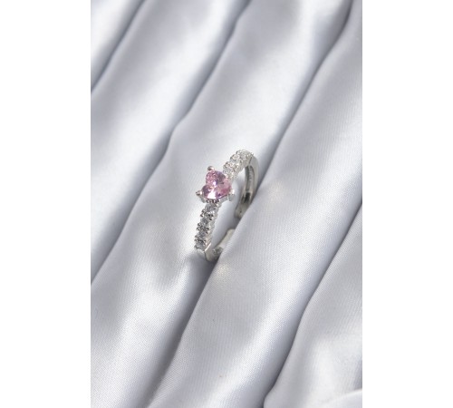 Gümüş Renk Zirkon Taşlı Pembe Kristal Kalp Model Kadın Yüzük - TJ-BYK2851