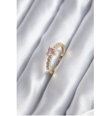 Gold Renk Zirkon Taşlı Pembe Kristal Kalp Model Kadın Yüzük - TJ-BYK2852