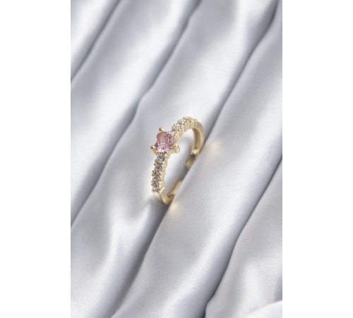 Gold Renk Zirkon Taşlı Pembe Kristal Kalp Model Kadın Yüzük - TJ-BYK2852
