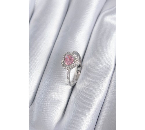 Pirinç Gümüş Renk Pembe Zirkon Taş Kalp Charm Model Kadın Yüzük - TJ-BYK2859
