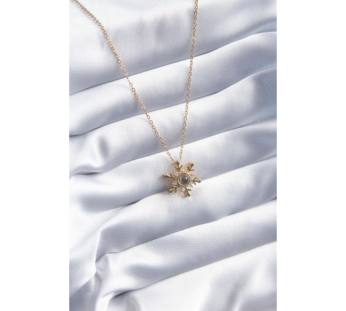 316L Çelik Gold Renk Zirkon Taşlı Kar Tanesi Projeksiyon Model Kadın Kolye - TJ-BKO8072