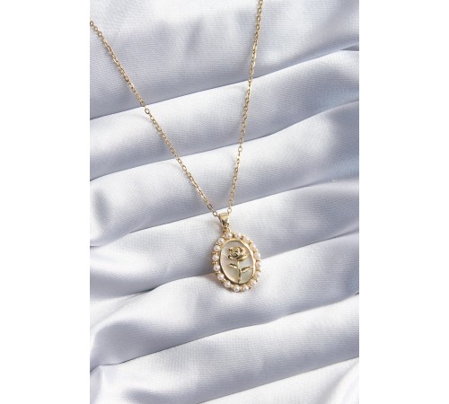 316L Çelik Gold Renk Gül Model İnci Detay Kadın Kolye - TJ-BKO8094