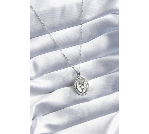 316L Çelik Gümüş Renk Gül Model İnci Detay Kadın Kolye - TJ-BKO8095