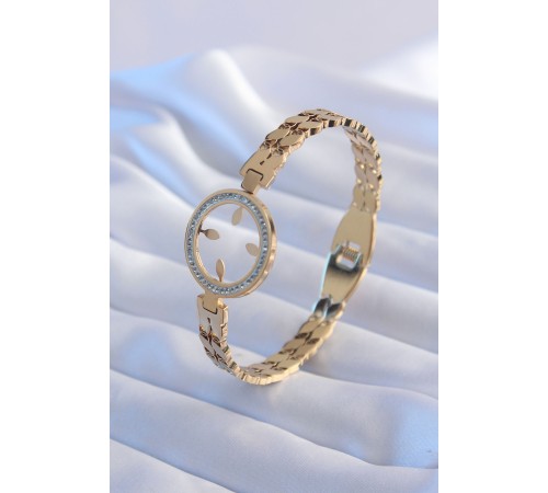 316L Çelik Gold Renk Arpa Model Zirkon Taş Detay Çeyrk Takılabilen Kadın Kelepçe - TJ-BB5718