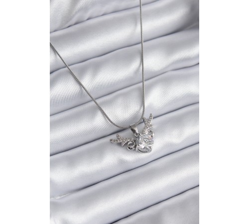 316L Çelik Gümüş Renk Zirkon Taşlı Boynuz Model Kadın Kolye - TJ-BKO8133