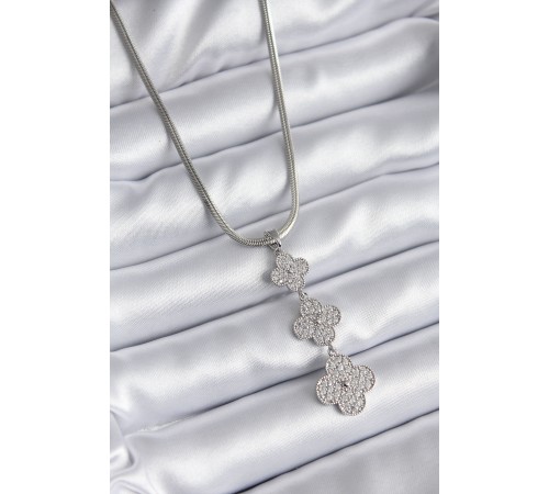 316L Çelik Gümüş Renk İtalyan Zincir Zirkon Taşı Yonca Model Kadın Kolye - TJ-BKO8152