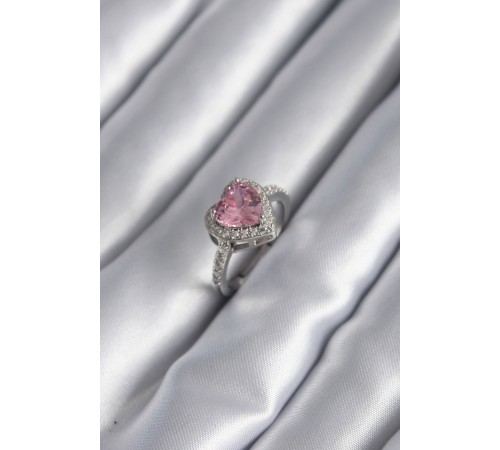 Gümüş Renk Pembe Zirkon Taşlı Charm Kalp Model Kadın Yüzük - TJ-BYK2950