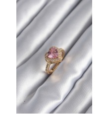 Pirinç Gold Renk Pembe Zirkon Taşlı Charm Kalp Model Kadın Yüzük - TJ-BYK2951