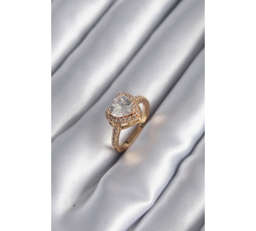 Pirinç Gold Renk Zirkon Taşlı Kalp Charm Model Kadın Yüzük - TJ-BYK2953