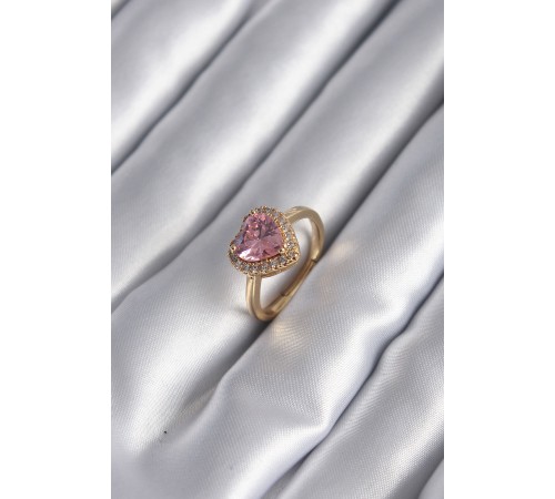 Pirinç Gold Renk Pembe Zirkon Taş Kalp Charm Model Kadın Yüzük - TJ-BYK2955