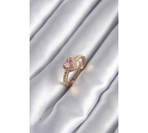 Pirinç Gold Renk Pembe Zirkon Taş Kalp Charm Model Kadın Yüzük - TJ-BYK2957