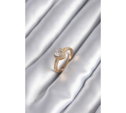 Pirinç Gold Renk Zirkon Taşlı Kalp Charm Model Kadın Yüzük - TJ-BYK2959