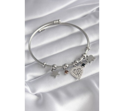 316L Çelik Gümüş Renk Zirkon Taşlı Kalp Figür Fil Detay Charm Model Kadın Bileklik - TJ-BB5835