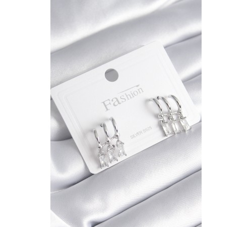 Pirinç Gümüş Renk 3'lü Sallantı Zirkon Taşlı Küpe - TJ-BKP8421