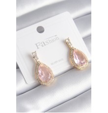 Pirinç Gold Renk Zirkon Taş Detay Damla Pembe Zirkon Taş Model Kadın Küpe - TJ-BKP8440