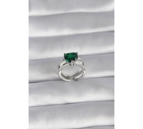 Pirinç Gümüş Renk Yeşil Zirkon Taşlı Tek Taş Model Kadın Yüzük - TJ-BYK3026