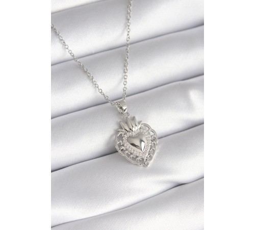 316L Çelik Gümüş Renk Zirkon Taş Detay Taç Kalp Model Kadın Kolye - TJ-BKO8273