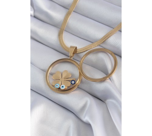 316L Çelik Gold Renk İtalyan Zincir Açılabilir Fanus Yonca Figür Model Kadın Kolye - TJ-BKO8281