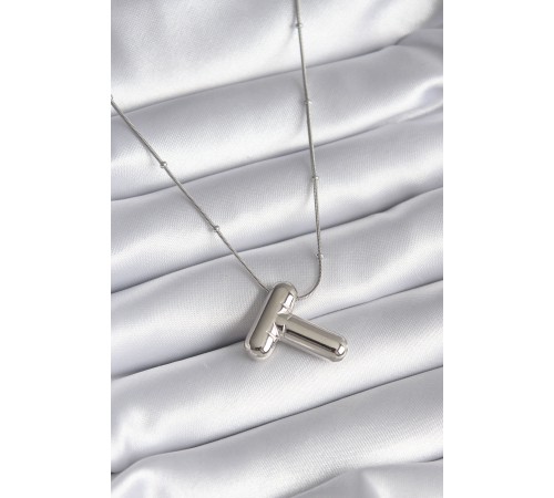316L Çelik Gümüş Renk Bubble "T" Harf Model Kadın Kolye - TJ-BKO8295