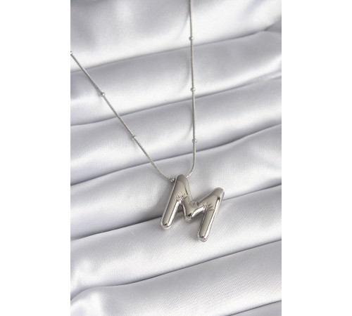 316L Çelik Gümüş Renk Bubble "M" Harf Model Kadın Kolye - TJ-BKO8307