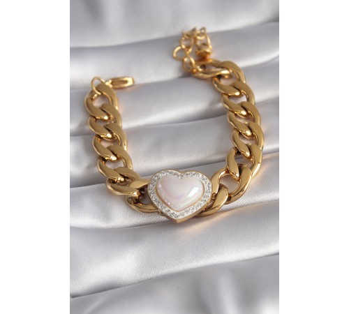 316L Çelik Gold Renk Pembe 3D Kalp Model Zirkon Taşlı Kadın Bileklik - TJ-BB5923