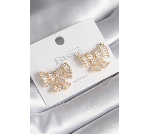 Pirinç Gold Renk Zirkon Taşlı Kurdele Model Kadın Küpe - TJ-BKP8599