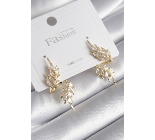Pirinç Gold Renk Zirkon Taşlı Yaprak Model Kadın Küpe - TJ-BKP8607