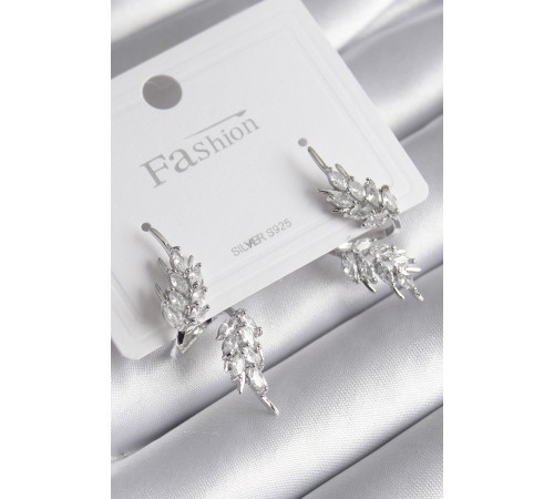 Pirinç Gümüş Renk Zirkon Taşlı Yaprak Model Kadın Küpe - TJ-BKP8608