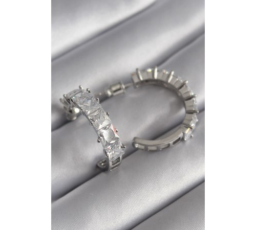 Pirinç Gümüş Renk Zirkon Taşlı Halka Model Kadın Küpe - TJ-BKP8610