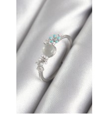 Pirinç Gümüş Renk Zirkon Taş Detaylı Beyaz Sedefli Çiçek Model Kadın Yüzük - TJ-BYK3044