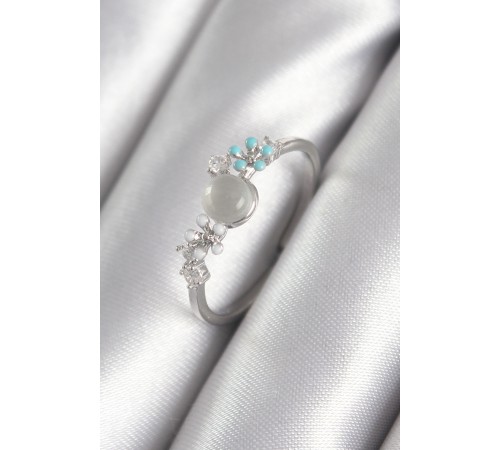 Pirinç Gümüş Renk Zirkon Taş Detaylı Beyaz Sedefli Çiçek Model Kadın Yüzük - TJ-BYK3044