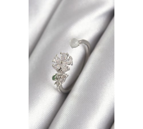 Pirinç Gümüş Renk Zirkon Taşlı Çiçek Model Kadın Yüzük - TJ-BYK3048