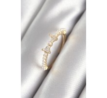 Pirinç Gold Renk Zirkon Taşlı Kurdele İnci Detay Kadın Yüzük - TJ-BYK3059