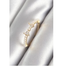 Pirinç Gold Renk Zirkon Taşlı Kurdele İnci Detay Kadın Yüzük - TJ-BYK3059