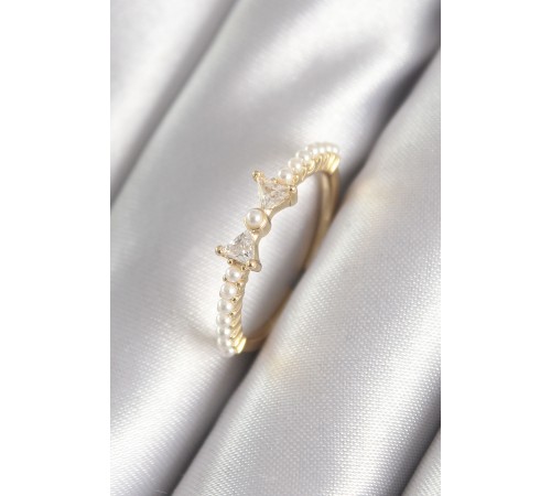 Pirinç Gold Renk Zirkon Taşlı Kurdele İnci Detay Kadın Yüzük - TJ-BYK3059