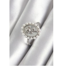 Pirinç Gümüş Renk Portre Gül Model İnci Detay Kadın Yüzük - TJ-BYK3064