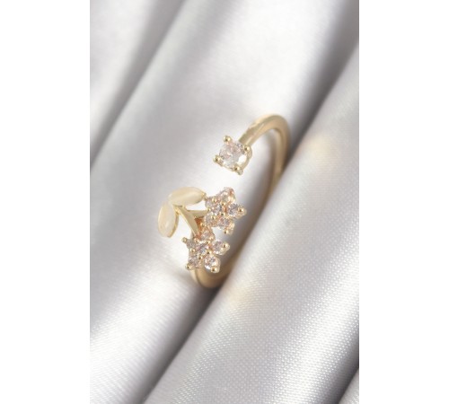 Pirinç Gold Renk Zirkon Taşlı Çiçek Model Kadın Yüzük - TJ-BYK3067