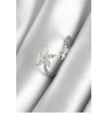 Pirinç Gümüş Renk Zirkon Taşlı Çiçek Model Kalp Detay Kadın Yüzük - TJ-BYK3070